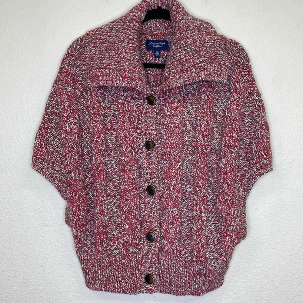 American Eagle Cardigan Sweater Cable Knit Button-Down Wool Blend Red Size L/XL